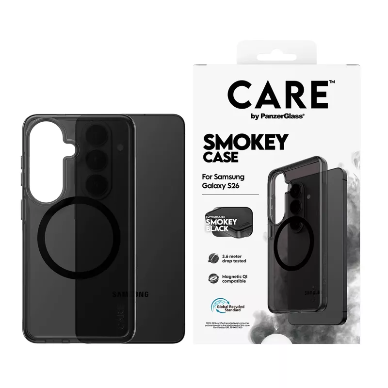 Custodia protettiva PanzerGlass CARE™ Smokey Case con Qi nero per Samsung Galaxy S26