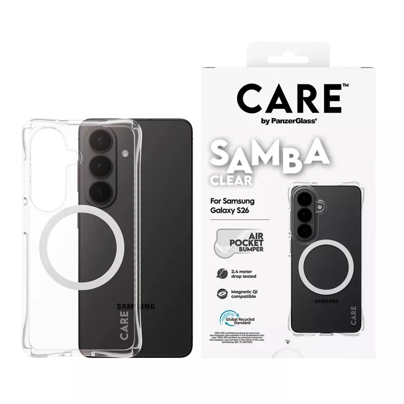 Custodia protettiva PanzerGlass CARE Samba trasparente con Qi bianco per Samsung Galaxy S26