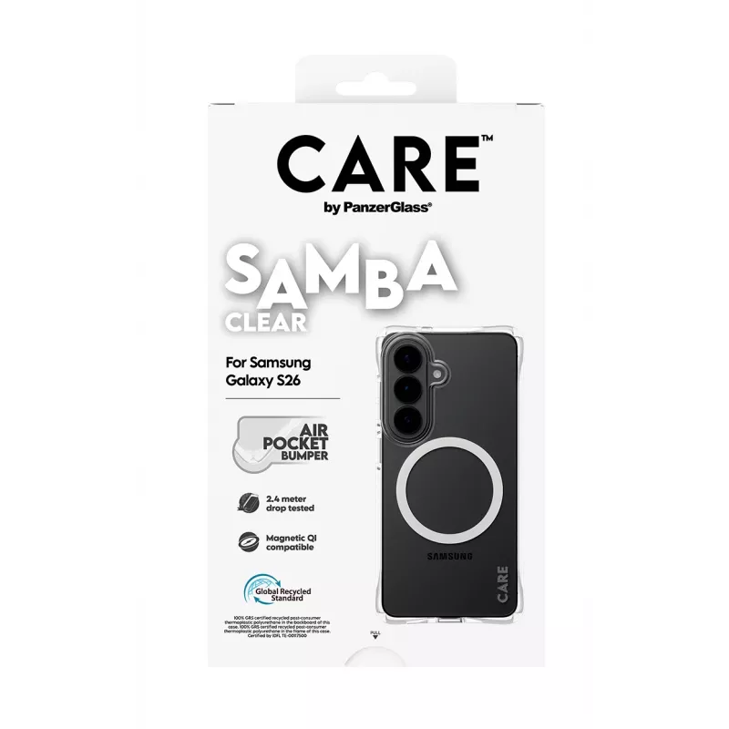 Custodia protettiva PanzerGlass CARE Samba trasparente con Qi bianco per Samsung Galaxy S26