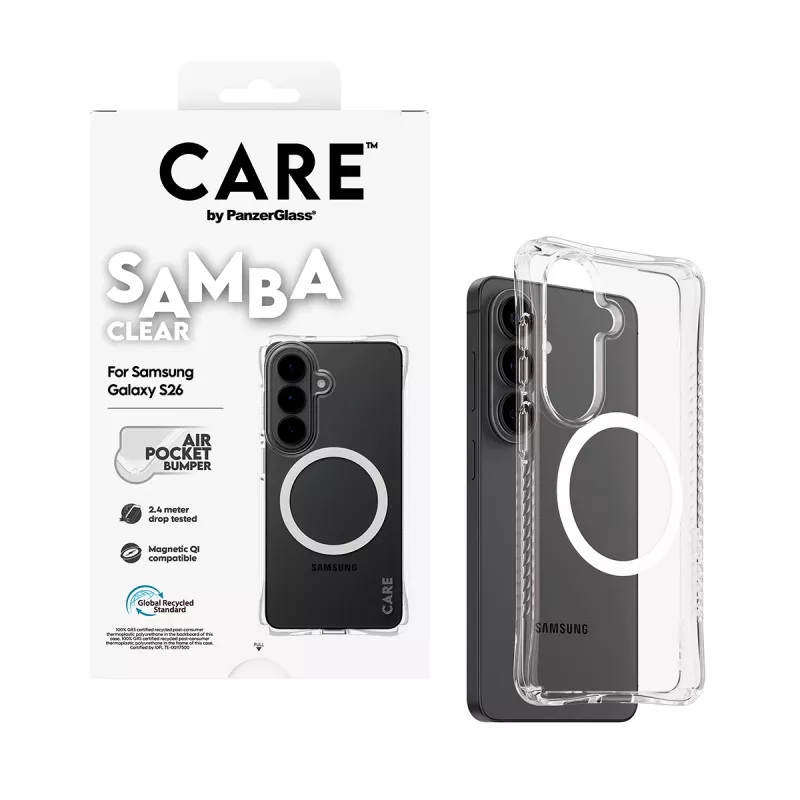 Custodia protettiva PanzerGlass CARE Samba trasparente con Qi bianco per Samsung Galaxy S26