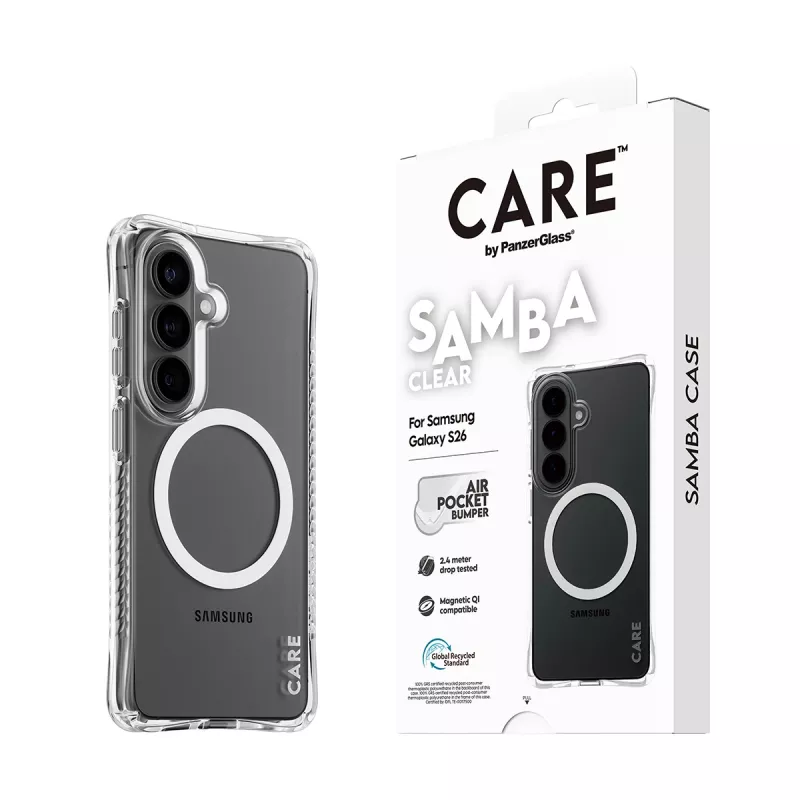 Custodia protettiva PanzerGlass CARE Samba trasparente con Qi bianco per Samsung Galaxy S26