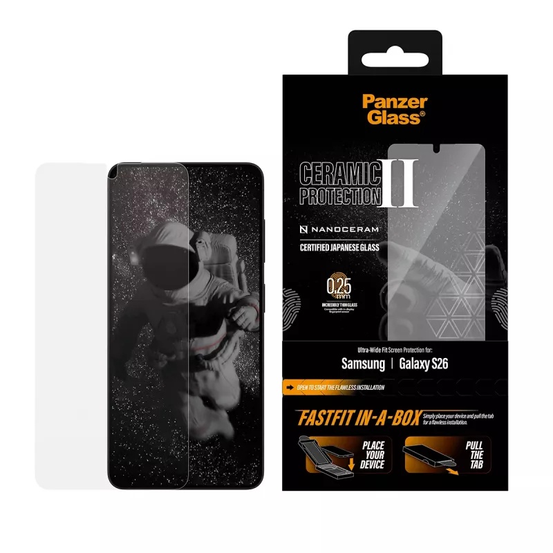 Protezione display PanzerGlass per Samsung Galaxy S26 — vetro temperato ceramico, Ultra-Wide Fit, FASTFIT, trasparente