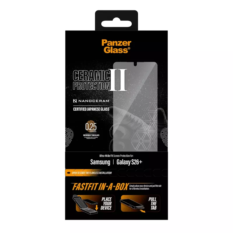 Protezione display PanzerGlass per Samsung Galaxy S26+ — Ceramic Ultra-Wide Fit, vetro temperato PET, FASTFIT