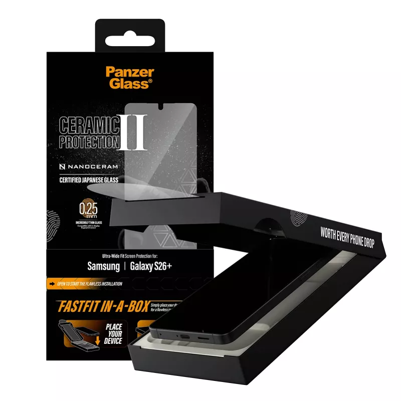 Protezione display PanzerGlass per Samsung Galaxy S26+ — Ceramic Ultra-Wide Fit, vetro temperato PET, FASTFIT