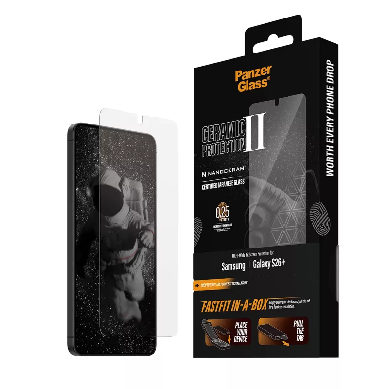 Protezione display PanzerGlass per Samsung Galaxy S26+ — Ceramic Ultra-Wide Fit, vetro temperato PET, FASTFIT