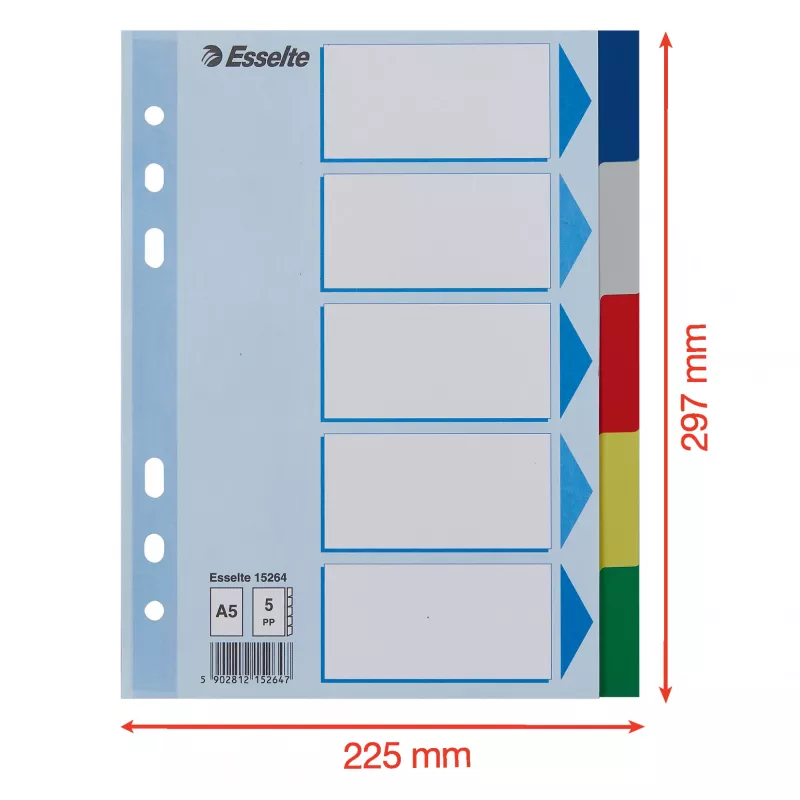 Linguette divisorie ESSELTE 5 pezzi A5 polipropilene colorato, per archiviare e indicizzare