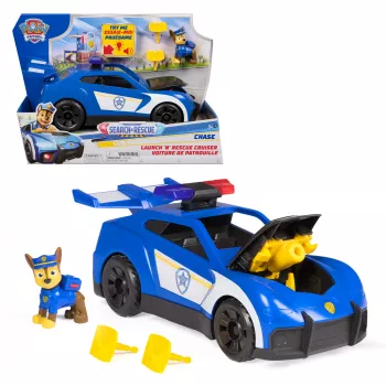 PAW Patrol: Search & Rescue, Chase Launch 'N' Rescue Cruiser con figura & 2 proiettili, luci, suoni & lanciatore nascosto, giocattolo per bambini e bambine da 3 anni