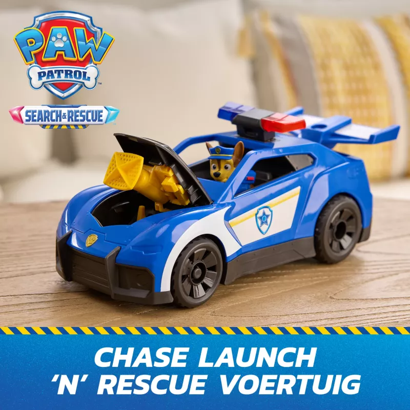 PAW Patrol: Search & Rescue, Chase Launch 'N' Rescue Cruiser con figura & 2 proiettili, luci, suoni & lanciatore nascosto, giocattolo per bambini e bambine da 3 anni