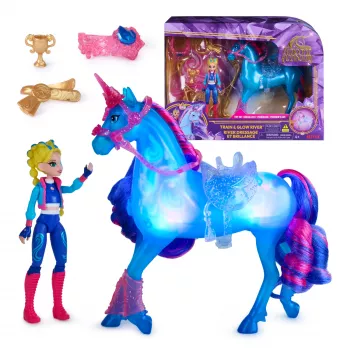 Unicorn Academy, Train & Glow Light-up River unicorno con Isabel, idea regalo di Pasqua, bambole & giocattolo unicorno per bambine, include 3 accessori per l'addestramento