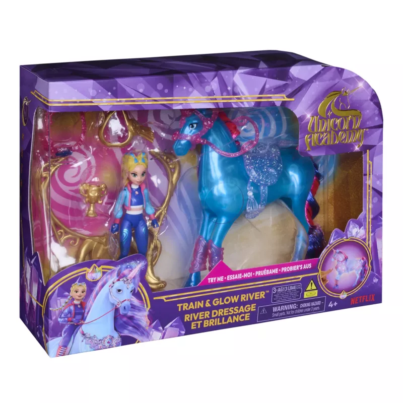 Unicorn Academy, Train & Glow Light-up River unicorno con Isabel, idea regalo di Pasqua, bambole & giocattolo unicorno per bambine, include 3 accessori per l'addestramento