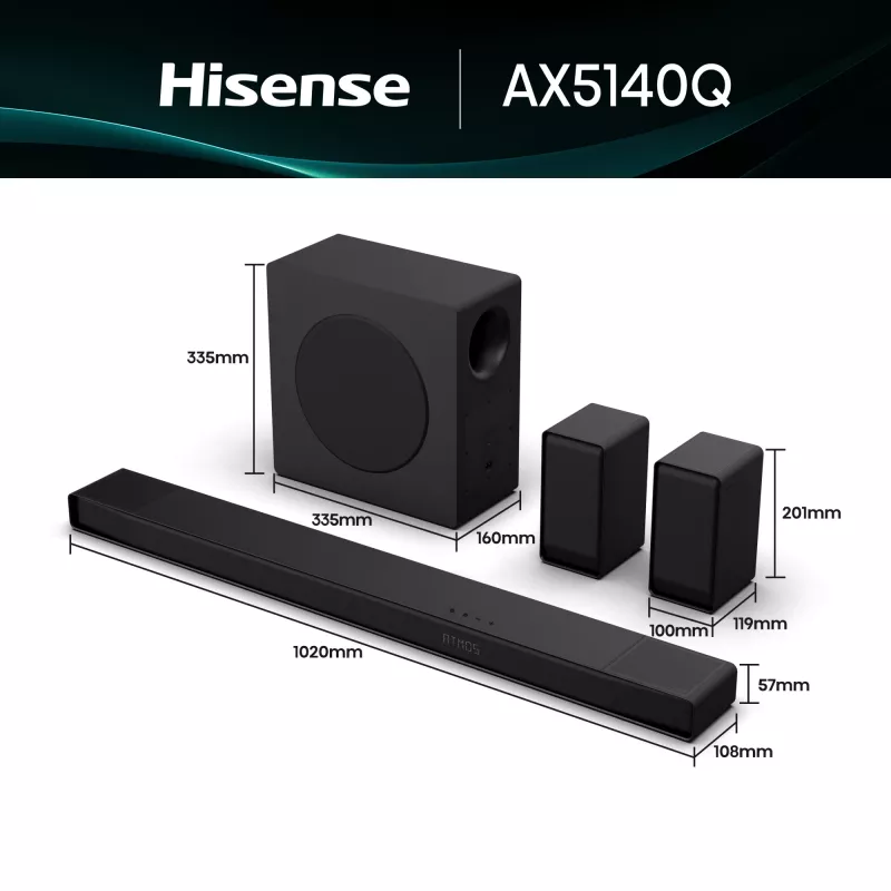 Soundbar Hisense AX5140Q 5.1.4 Dolby Atmos, 600 W RMS, subwoofer wireless 280 W, nero