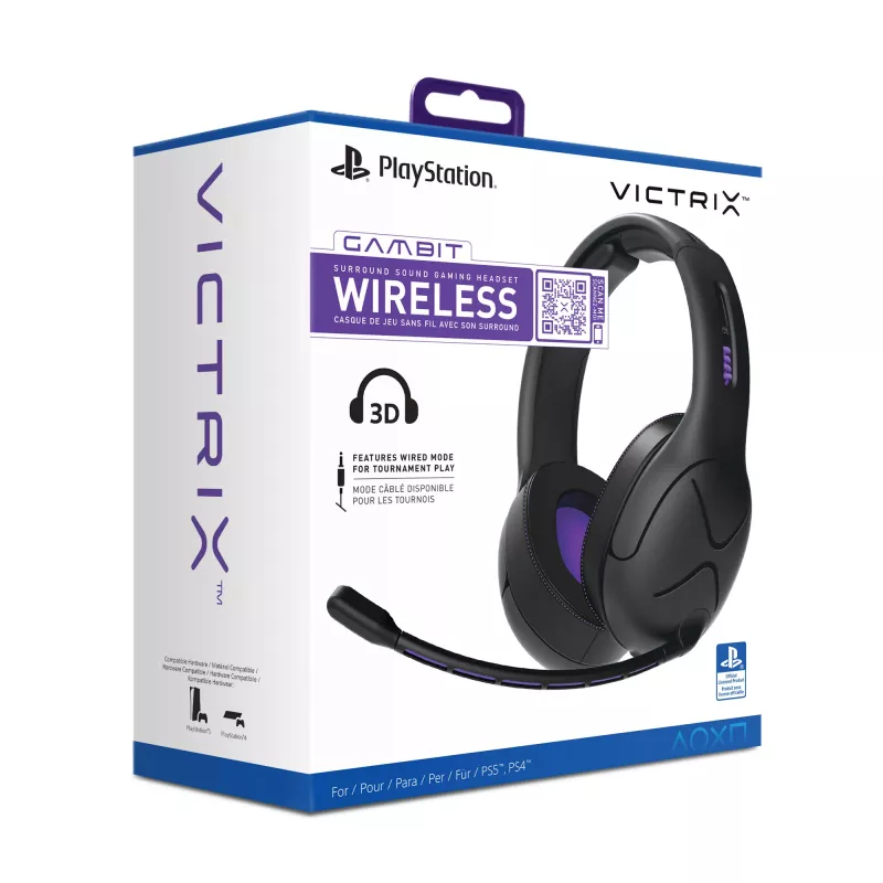Headset VICTRIX Gambit Wireless — con filo e senza fili, 20–20000 Hz, cavo da 2 m, 301 g, nero/viola