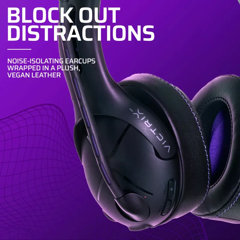 Headset VICTRIX Gambit Wireless — con filo e senza fili, 20–20000 Hz, cavo da 2 m, 301 g, nero/viola
