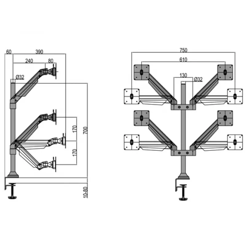 Braccio a gas VESA Multibrackets M Quad nero 40 kg 15-32 pollici