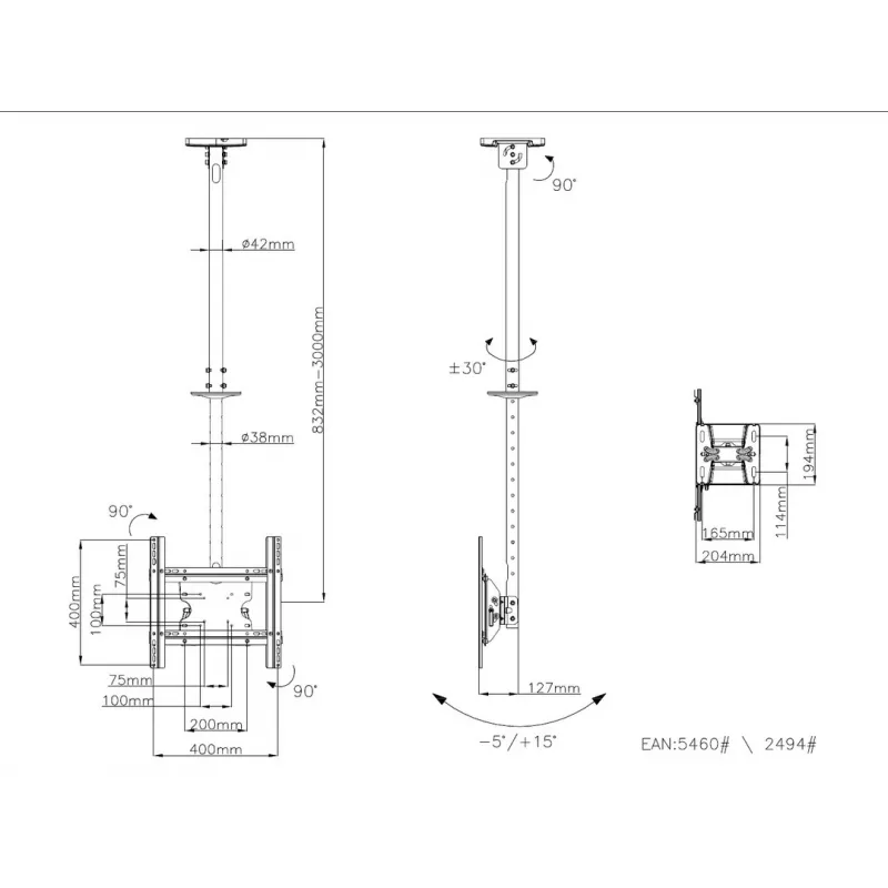 Supporto a soffitto Multibrackets M Public Ceilingmount Medium Single bianco 3000 capacità di carico massima 30 kg dimensione minima schermo 32 pollici dimensione massima schermo 55 pollici