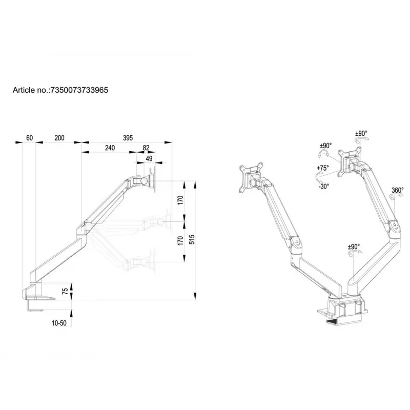 Multibrackets M VESA Gas Lift Arm Dual Side by Side nero morsetto 20 kg 15-32 pollici