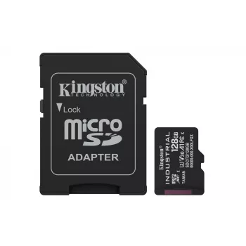 Scheda microSDXC Kingston 128 GB Industrial C10 A1 pSLC UHS-I, 100 MB/s in lettura, 80 MB/s in scrittura, V30/U3, nero + adattatore SD