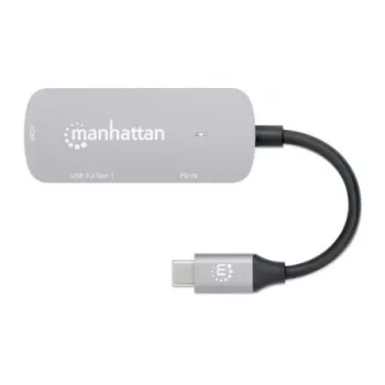 Manhattan Dock/Hub USB-C, porte (x3): HDMI, USB-A e USB-C, con Power Delivery (PD) 100 W – richiede caricabatterie USB-C esterno (non incluso). Alimentato via USB (nessun alimentatore esterno necessario) quando PD non è utilizzato, alluminio