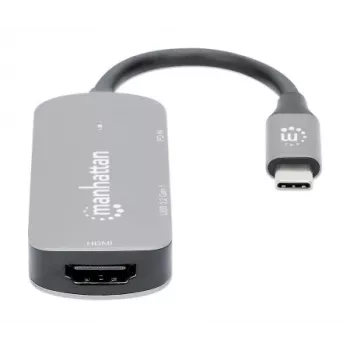 Manhattan Dock/Hub USB-C, porte (x3): HDMI, USB-A e USB-C, con Power Delivery (PD) 100 W – richiede caricabatterie USB-C esterno (non incluso). Alimentato via USB (nessun alimentatore esterno necessario) quando PD non è utilizzato, alluminio