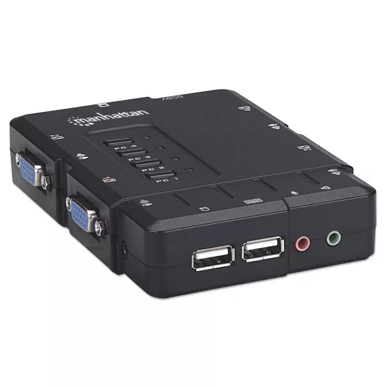 Manhattan Switch KVM compatto 4 porte, 4x USB-A, cavo incluso, supporto audio, controlla 4 computer tramite un PC/mouse/schermo, nero, garanzia a vita, confezionato