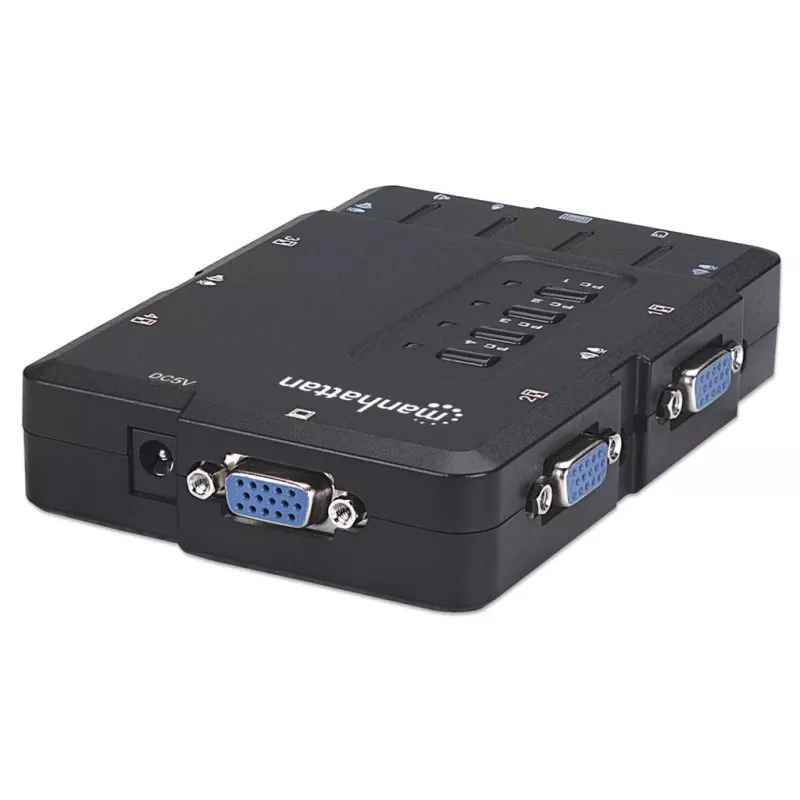 Manhattan Switch KVM compatto 4 porte, 4x USB-A, cavo incluso, supporto audio, controlla 4 computer tramite un PC/mouse/schermo, nero, garanzia a vita, confezionato