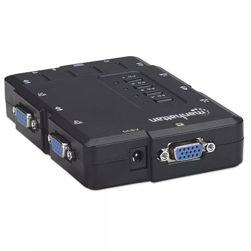 Manhattan Switch KVM compatto 4 porte, 4x USB-A, cavo incluso, supporto audio, controlla 4 computer tramite un PC/mouse/schermo, nero, garanzia a vita, confezionato