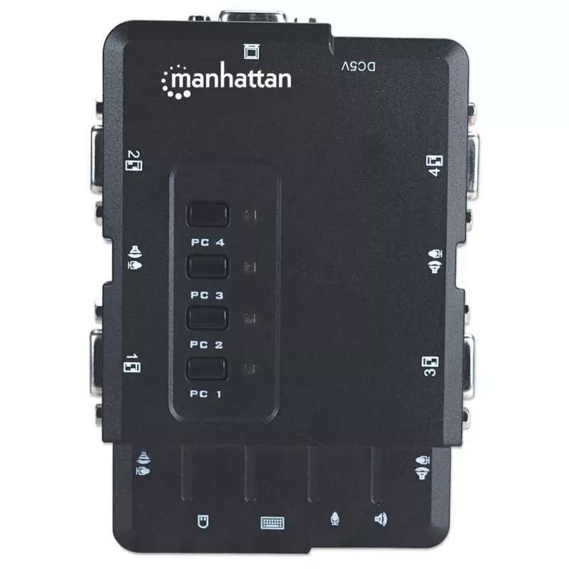 Manhattan Switch KVM compatto 4 porte, 4x USB-A, cavo incluso, supporto audio, controlla 4 computer tramite un PC/mouse/schermo, nero, garanzia a vita, confezionato