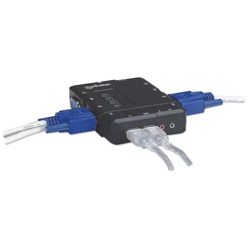 Manhattan Switch KVM compatto 4 porte, 4x USB-A, cavo incluso, supporto audio, controlla 4 computer tramite un PC/mouse/schermo, nero, garanzia a vita, confezionato
