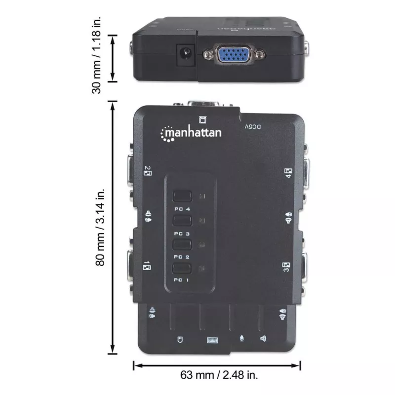 Manhattan Switch KVM compatto 4 porte, 4x USB-A, cavo incluso, supporto audio, controlla 4 computer tramite un PC/mouse/schermo, nero, garanzia a vita, confezionato