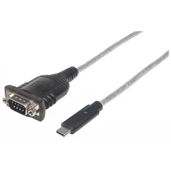 Manhattan Convertitore da USB-C a seriale, connettore maschio su connettore maschio, USB-C a seriale/RS232/COM/DB9, chipset Prolific PL-2303RA-C, cavo 45 cm, argento/nero, sacchetto in polietilene