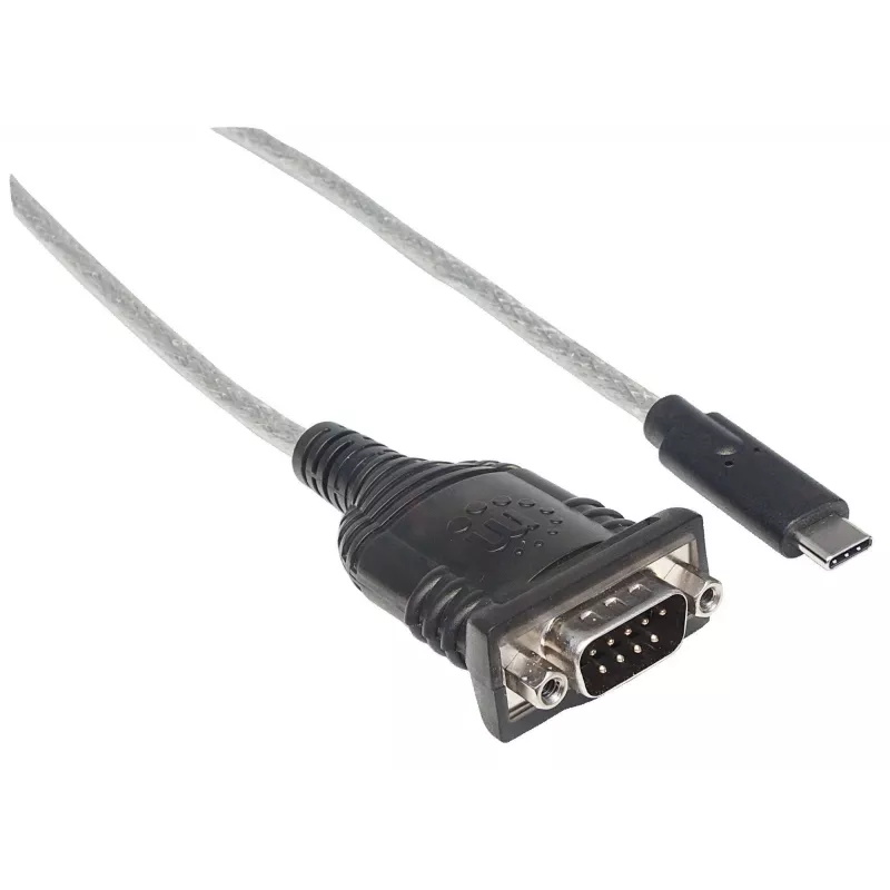 Manhattan Convertitore da USB-C a seriale, connettore maschio su connettore maschio, USB-C a seriale/RS232/COM/DB9, chipset Prolific PL-2303RA-C, cavo 45 cm, argento/nero, sacchetto in polietilene