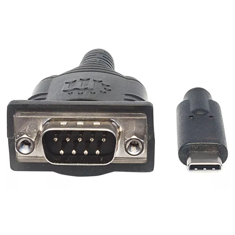 Manhattan Convertitore da USB-C a seriale, connettore maschio su connettore maschio, USB-C a seriale/RS232/COM/DB9, chipset Prolific PL-2303RA-C, cavo 45 cm, argento/nero, sacchetto in polietilene