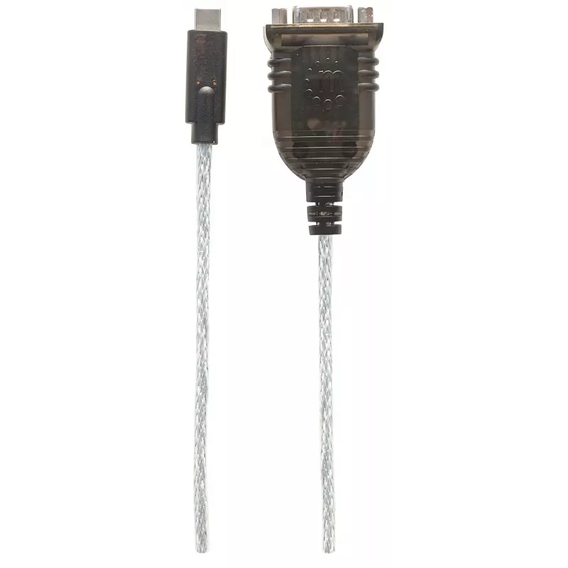 Manhattan Convertitore da USB-C a seriale, connettore maschio su connettore maschio, USB-C a seriale/RS232/COM/DB9, chipset Prolific PL-2303RA-C, cavo 45 cm, argento/nero, sacchetto in polietilene