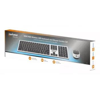 Manhattan Ricevitore nano USB-A singolo per tastiera wireless full-size e mouse ottico ambidestro con tre tasti e rotellina, 1200 dpi, argento/nero