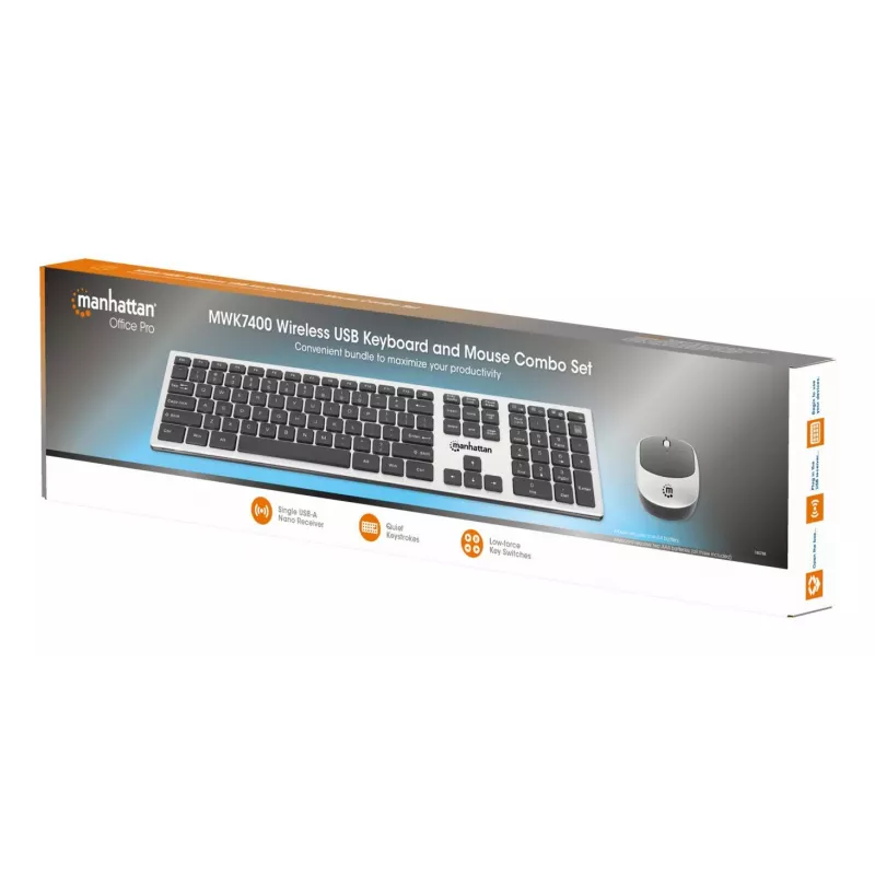 Manhattan Ricevitore nano USB-A singolo per tastiera wireless full-size e mouse ottico ambidestro con tre tasti e rotellina, 1200 dpi, argento/nero
