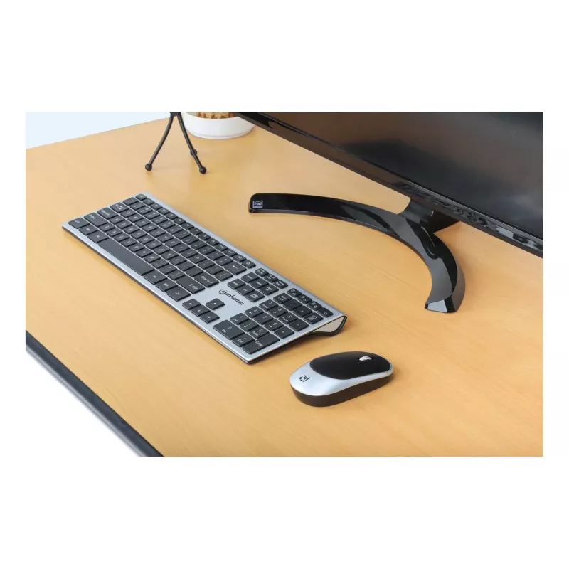 Manhattan Ricevitore nano USB-A singolo per tastiera wireless full-size e mouse ottico ambidestro con tre tasti e rotellina, 1200 dpi, argento/nero