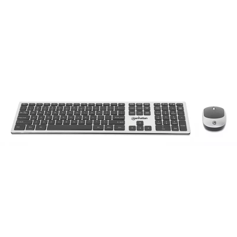 Manhattan Ricevitore nano USB-A singolo per tastiera wireless full-size e mouse ottico ambidestro con tre tasti e rotellina, 1200 dpi, argento/nero