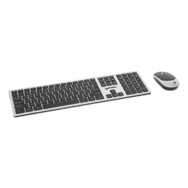 Manhattan Ricevitore nano USB-A singolo per tastiera wireless full-size e mouse ottico ambidestro con tre tasti e rotellina, 1200 dpi, argento/nero