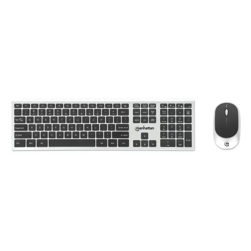 Manhattan Ricevitore nano USB-A singolo per tastiera wireless full-size e mouse ottico ambidestro con tre tasti e rotellina, 1200 dpi, argento/nero