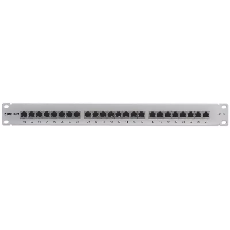 Intellinet patch panel, Cat6, FTP, 24 porte, 1U, schermato, barre LSA con ingresso dall'alto a 90°, grigio