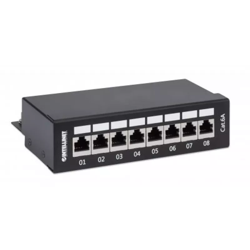 Intellinet patch panel, Cat6a, FTP, 8 porte, desktop, schermato, barre LSA con ingresso dall'alto a 90°, nero