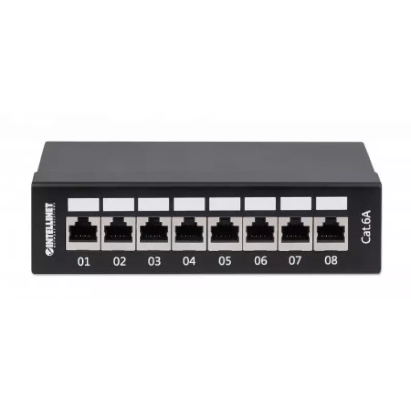 Intellinet patch panel, Cat6a, FTP, 8 porte, desktop, schermato, barre LSA con ingresso dall'alto a 90°, nero