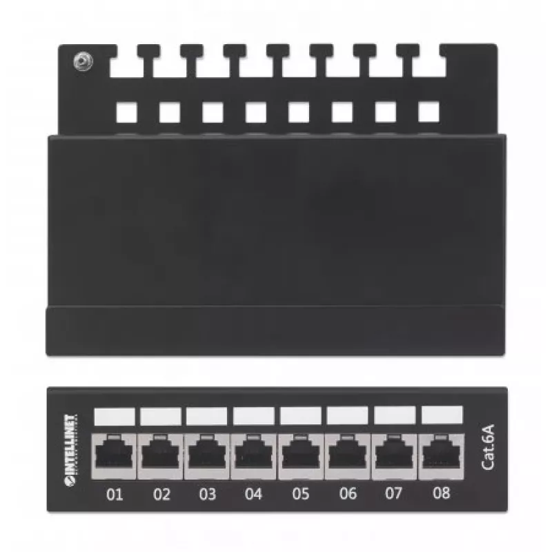 Intellinet patch panel, Cat6a, FTP, 8 porte, desktop, schermato, barre LSA con ingresso dall'alto a 90°, nero