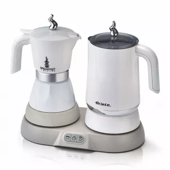 Ariete 1344 Breakfast Station, 3 apparecchi in 1: caffettiera moka, bollitore, monta latte per latte caldo e freddo, 500 W, 2/4 tazze, mantiene il caffè caldo, 5 funzioni, bianco