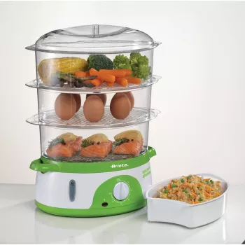Ariete 911 Healthy Steam - Cuocivapore elettrico - 3 cestelli - contenitore per riso - timer 60 min. - 800 Watt - 9 litri - bianco e verde