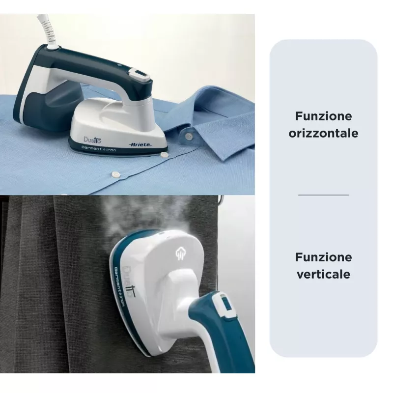 Ariete 6246 Duetto Ferro da stiro per abiti - Stiratore verticale e ferro da stiro con piastra in ceramica antiaderente - 1000 Watt - bianco e blu