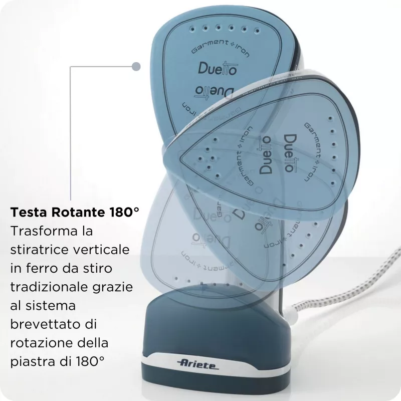 Ariete 6246 Duetto Ferro da stiro per abiti - Stiratore verticale e ferro da stiro con piastra in ceramica antiaderente - 1000 Watt - bianco e blu