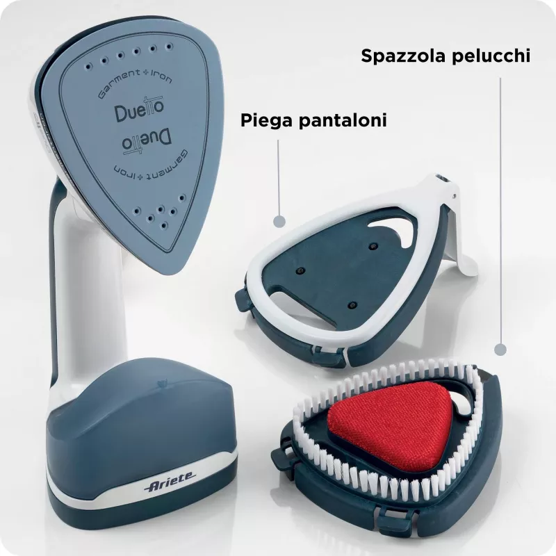 Ariete 6246 Duetto Ferro da stiro per abiti - Stiratore verticale e ferro da stiro con piastra in ceramica antiaderente - 1000 Watt - bianco e blu