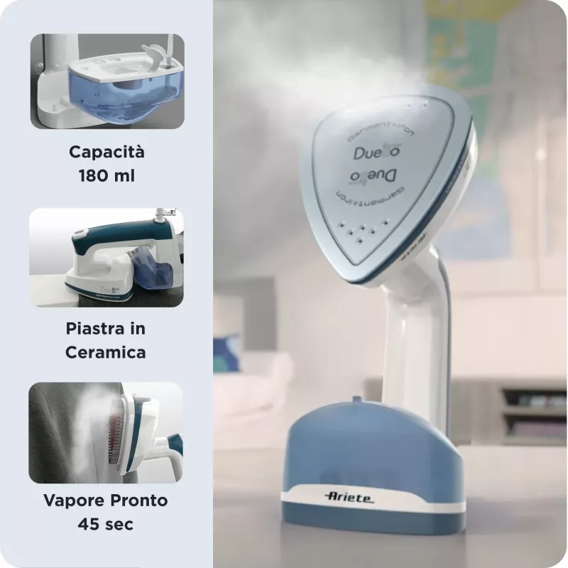Ariete 6246 Duetto Ferro da stiro per abiti - Stiratore verticale e ferro da stiro con piastra in ceramica antiaderente - 1000 Watt - bianco e blu