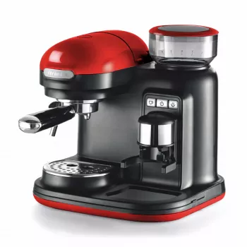 Ariete 1318 Moderna Macchina per caffè espresso con macinacaffè integrato, per chicchi di caffè e caffè macinato, monta latte Cappuccinatore, filtro per 1 e 2 tazze, 1080 W, 800 ml, rosso